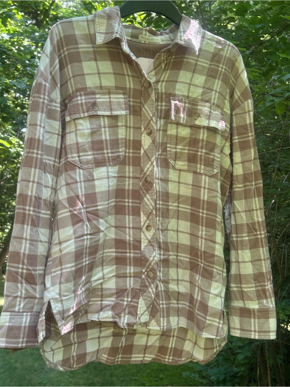NWT Becool Mocha Brown & Cream Plaid Flannel Button Down Shirt